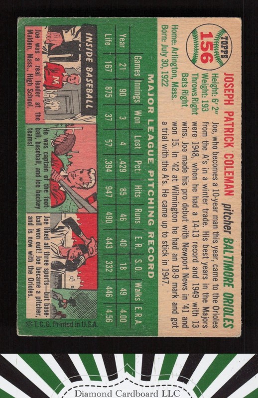 1954 Topps #156 Joe Coleman VG l, back