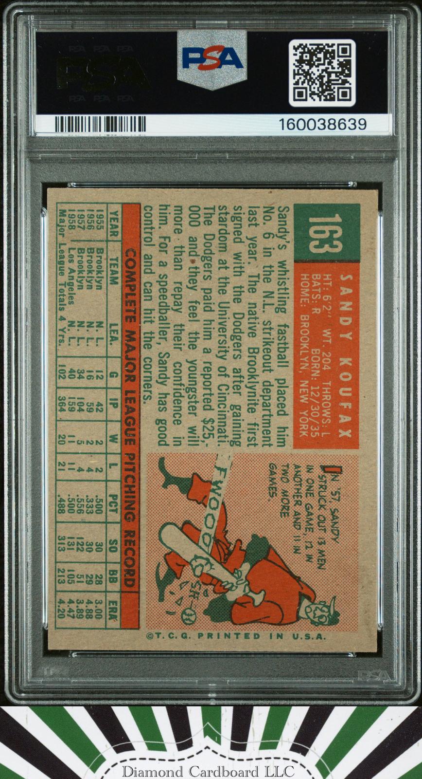 1959 Topps #163 Sandy Koufax PSA 5, back