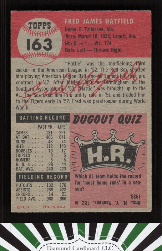 1953 Topps #163 Fred Hatfield : Bio uses black text VGEX [CENTERED] h, back