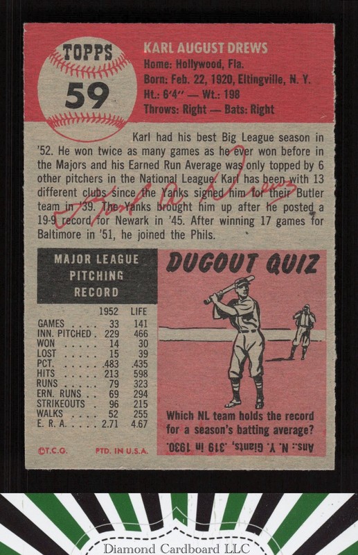 1953 Topps #59 Karl Drews NM i, back