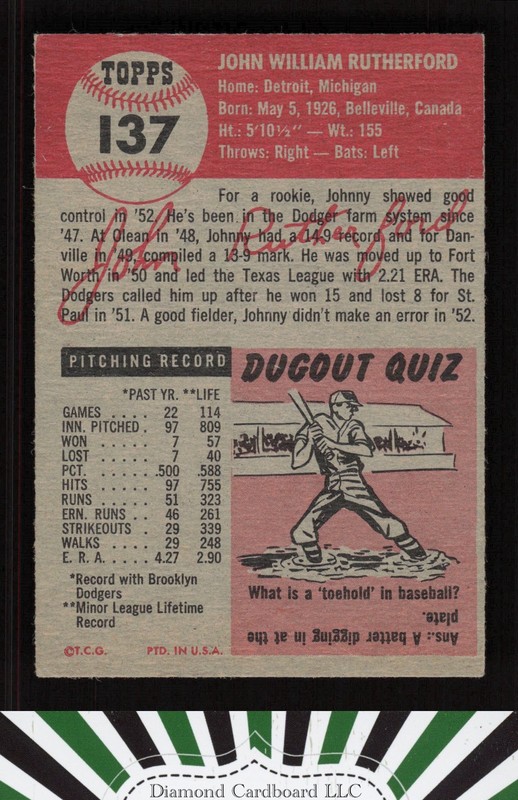 1953 Topps #137 John Rutherford : Bio uses white text VGEX g, back