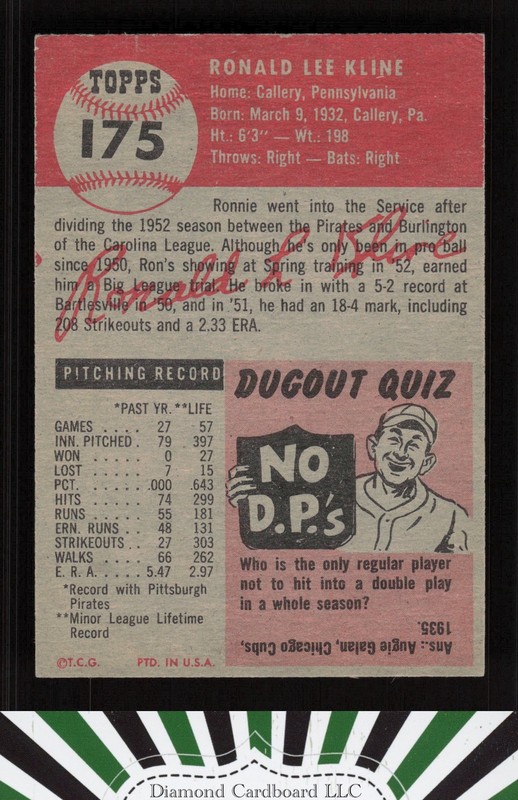 1953 Topps #175 Ron Kline VGEX+ e, back