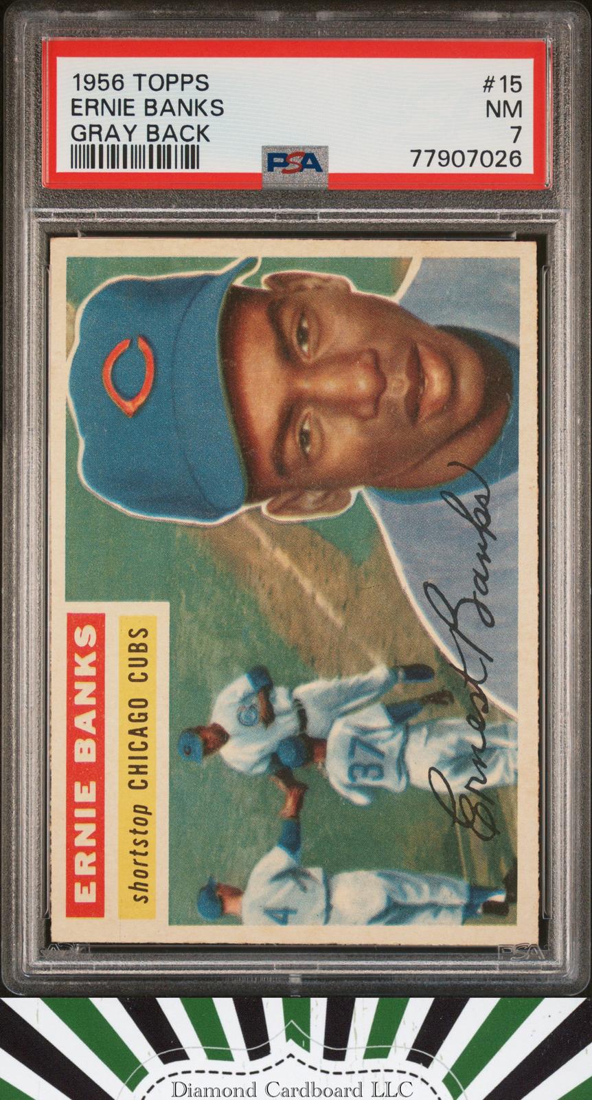 1956 Topps #15 Ernie Banks PSA 7 Gray Back [CENTERED], front