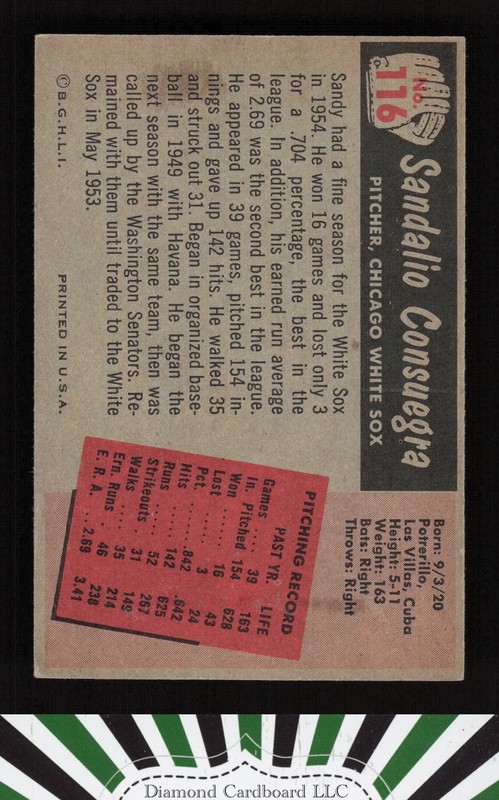 1955 Bowman #116 Sandy Consuegra VGEX, back