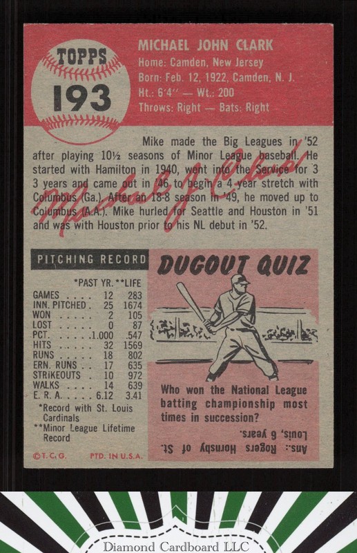 1953 Topps #193 Mike Clark EXMT g, back