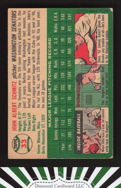1954 Topps #33 Johnny Schmitz VG+ k, back