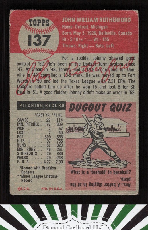 1953 Topps #137 John Rutherford : Bio uses white text FR a, back