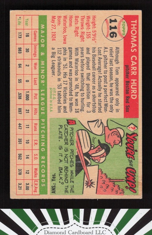 1955 Topps #116 Tom Hurd VGEX g, back
