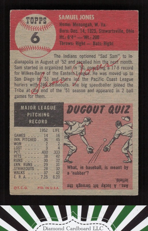 1953 Topps #6 Sam Jones VGEX+ [CENTERED] f, back