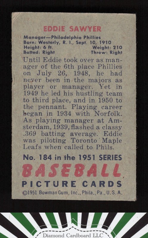 1951 Bowman #184 Eddie Sawyer VG, back