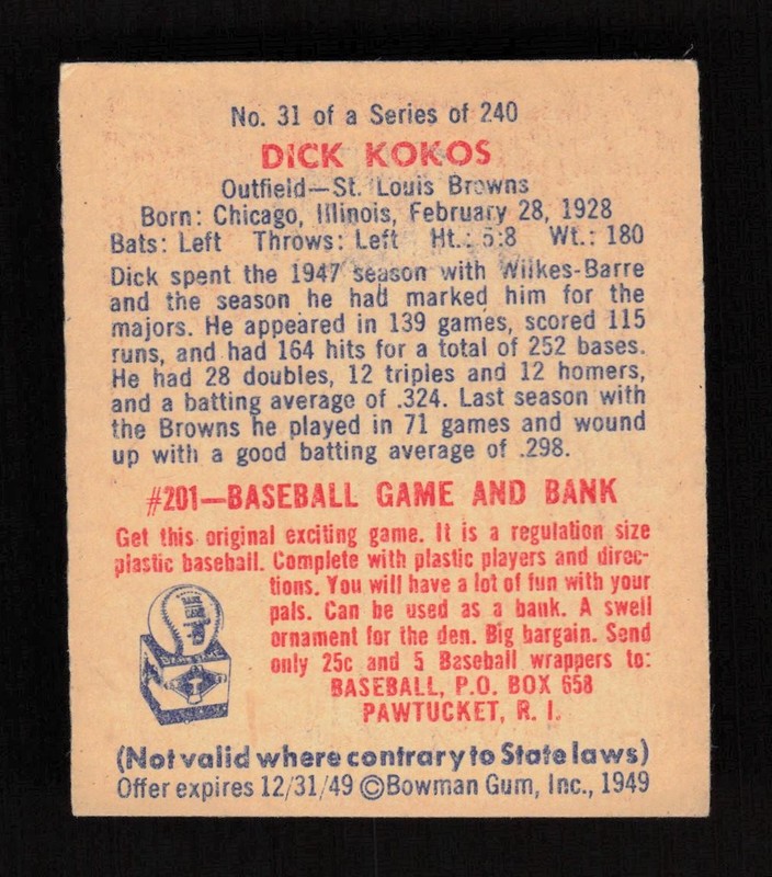 1949 Bowman #31 Dick Kokos VGEX, back