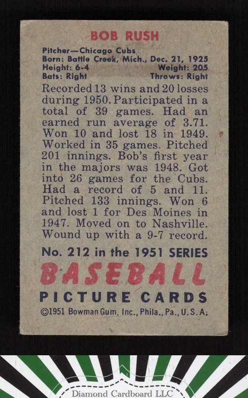 1951 Bowman #212 Bob Rush VGEX, back