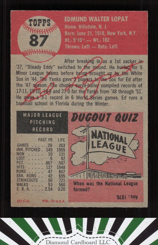 1953 Topps #87 Ed Lopat : Bio uses white text EX h, back