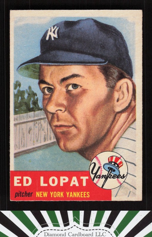 1953 Topps #87 Ed Lopat : Bio uses white text EX h, front