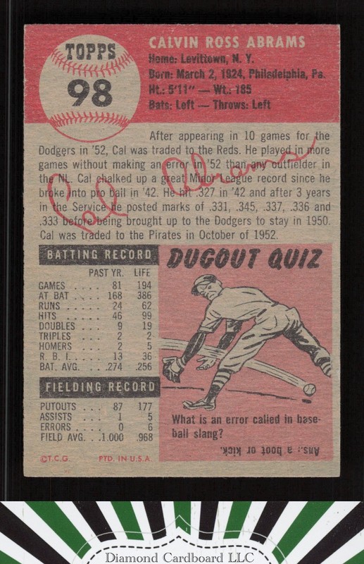 1953 Topps #98 Cal Abrams : Bio uses black text VGEX+ h, back