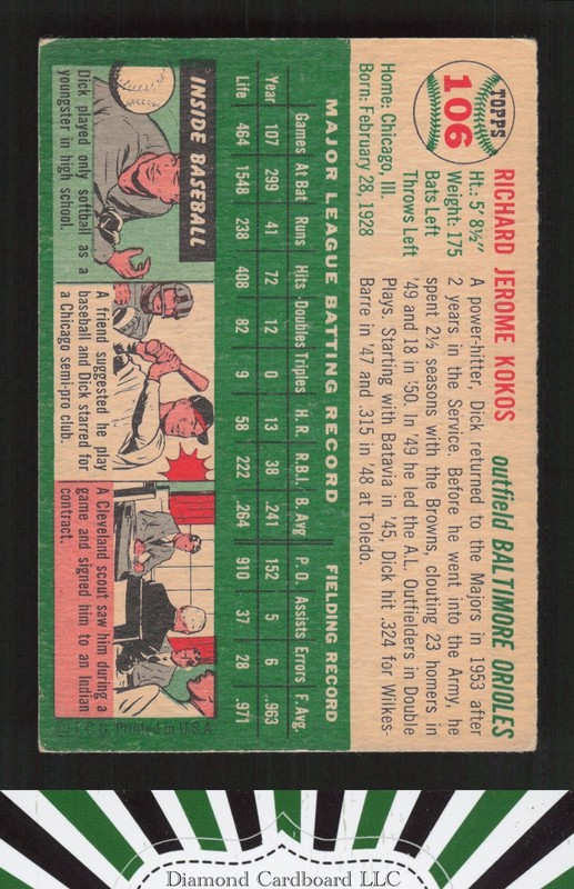 1954 Topps #106 Dick Kokos VGEX g, back