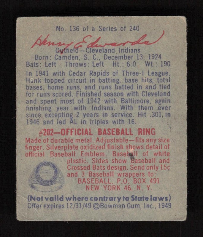 1949 Bowman #136 Henry "Hank" Edwards VGEX, back