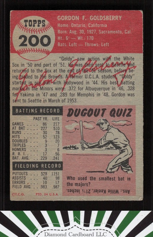 1953 Topps #200 Gordon Goldsberry VG b, back