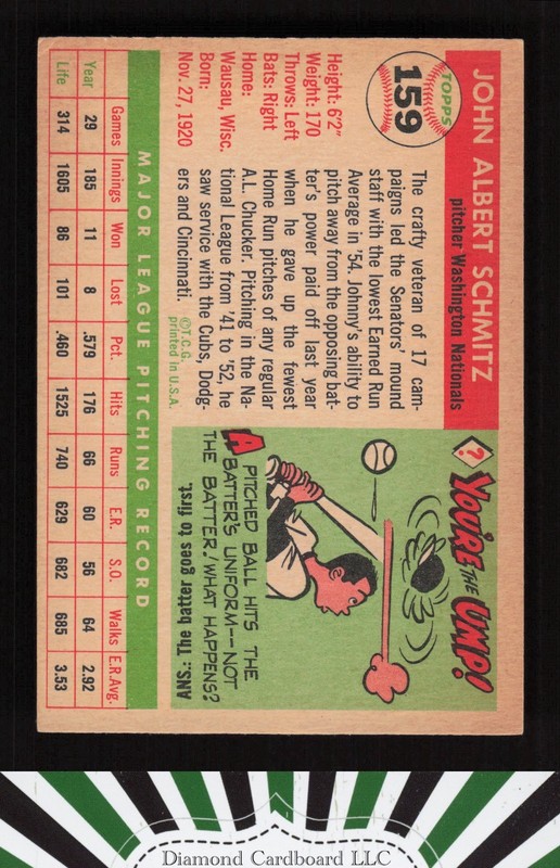 1955 Topps #159 Johnny Schmitz VGEX f, back