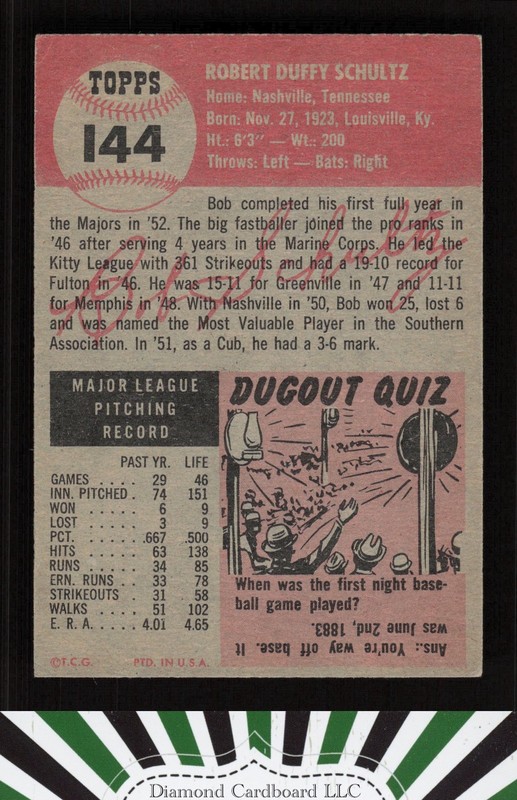 1953 Topps #144 Bob Schultz : Bio uses white text VG+ e, back
