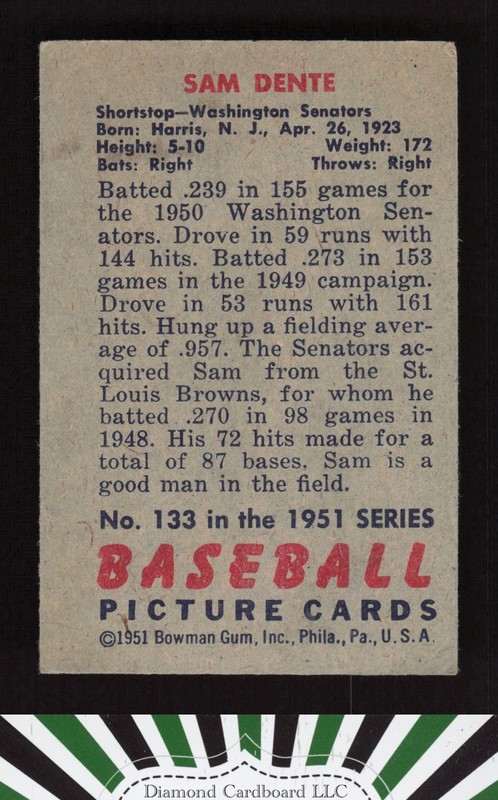 1951 Bowman #133 Sam Dente VG (MC), back