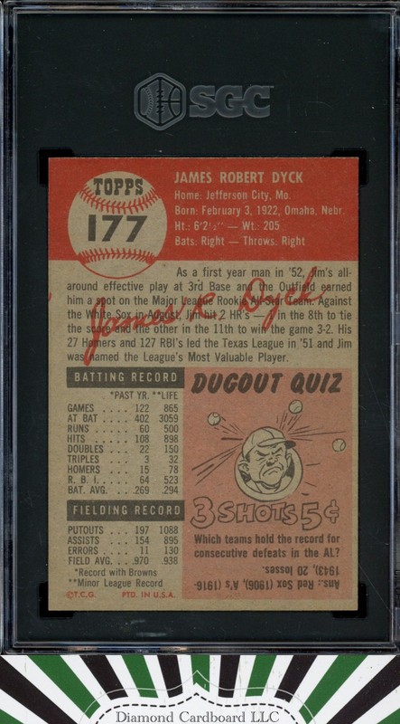 1953 Topps #177 Jim Dyck SGC 8 [] POP 7, 1 HIGHER Rookie, back