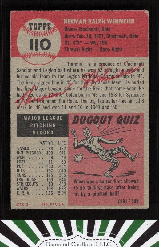 1953 Topps #110 Herman Wehmeier : Bio uses black text VGEX d, back