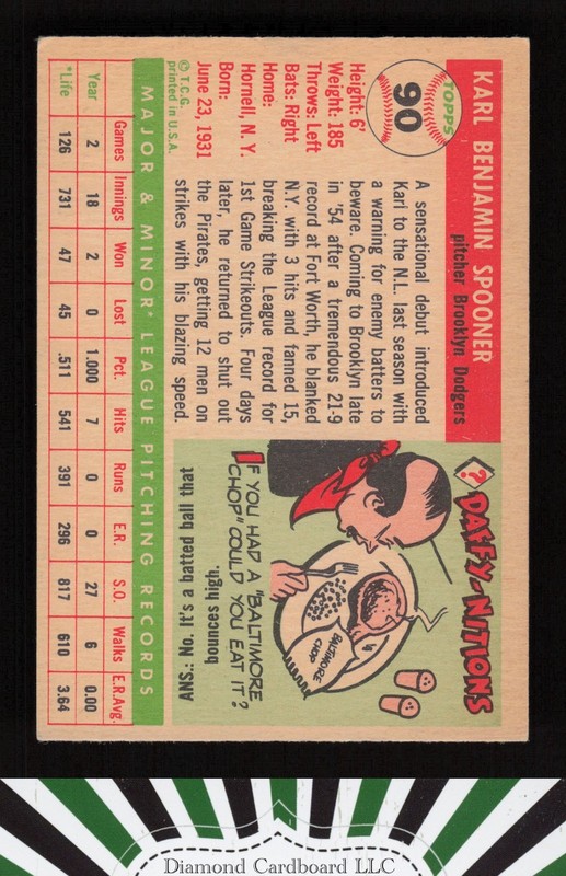 1955 Topps #90 Karl Spooner VGEX c, back