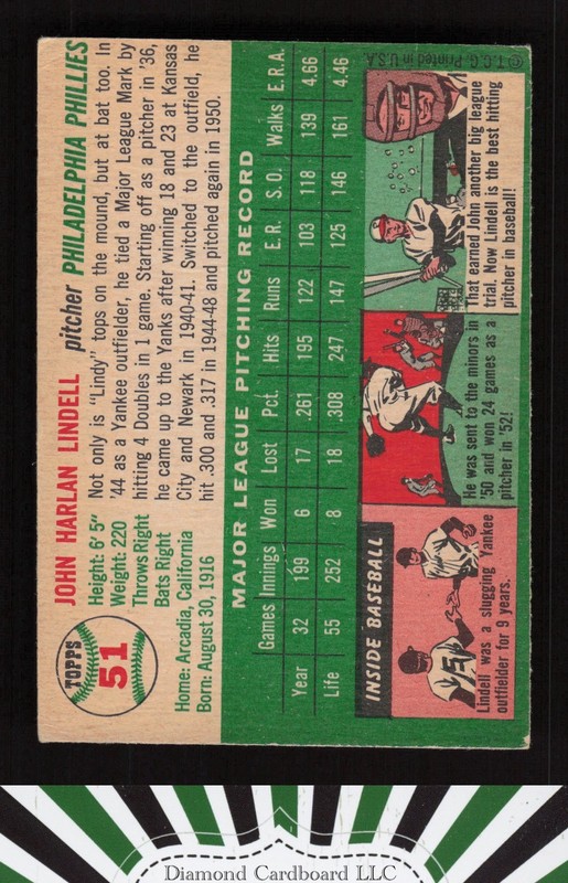 1954 Topps #51 Johnny Lindell VG p, back