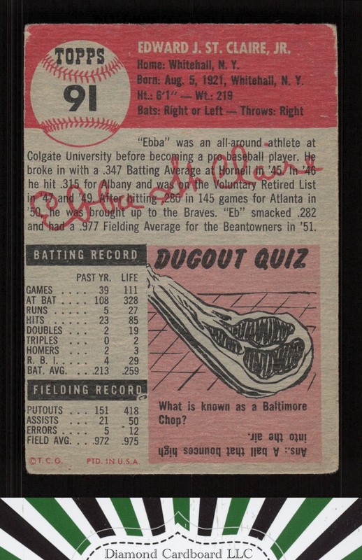 1953 Topps #91 Ebba St. Claire : Bio uses black text FR a, back