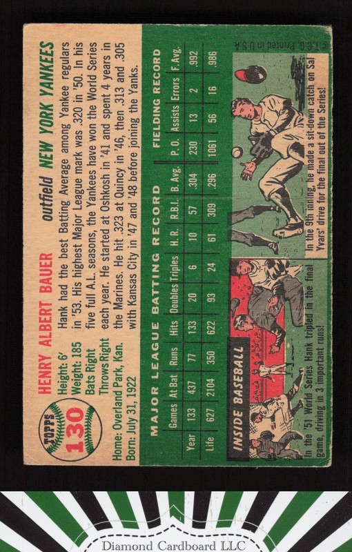 1954 Topps #130 Hank Bauer VG c, back