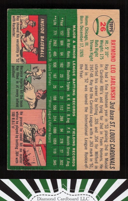 1954 Topps #26 Ray Jablonski EX c, back