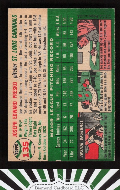 1954 Topps #135 Joe Presko VGEX g, back