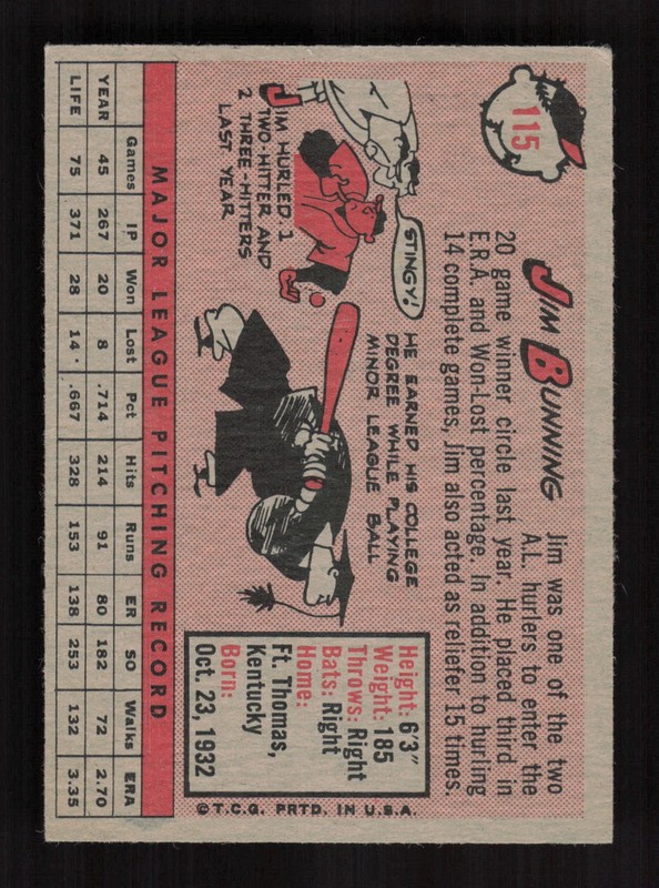 1958 Topps #115 Jim Bunning VGEX+ [GOOD CENTERING] h, back