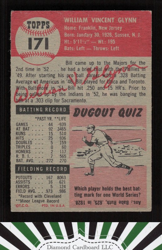 1953 Topps #171 Bill Glynn VG+ c, back