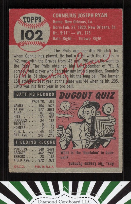 1953 Topps #102 Connie Ryan : Bio uses white text VG d, back