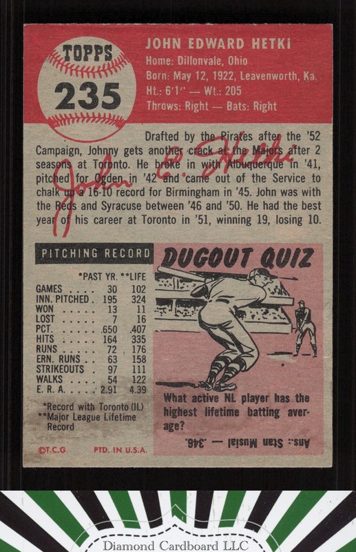 1953 Topps #235 John Hetki GD+ [CENTERED] c, back