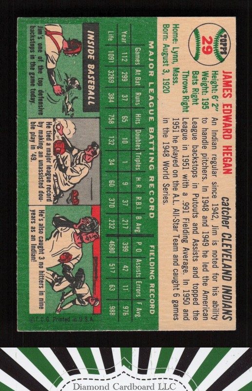 1954 Topps #29 Jim Hegan EXMT h, back