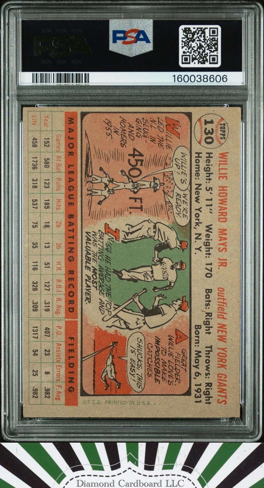 1956 Topps #130 Willie Mays PSA 5, back