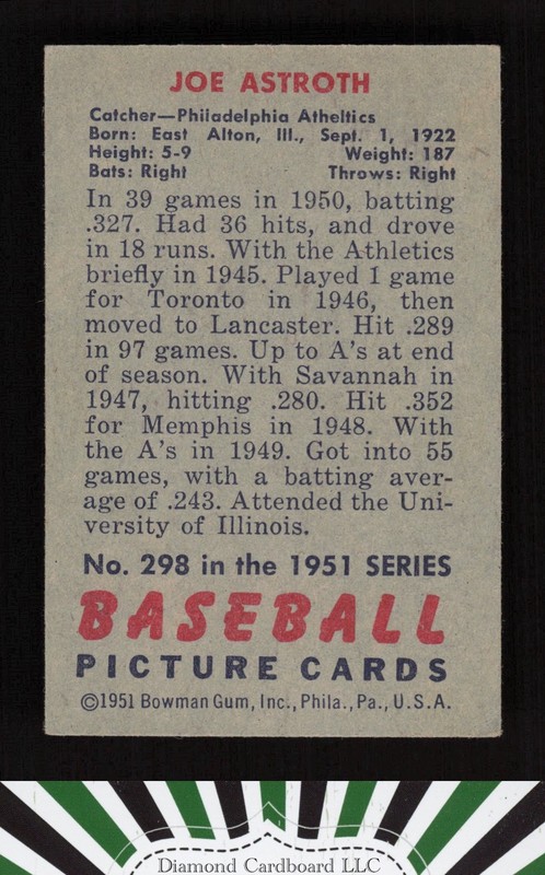 1951 Bowman #298 Joe Astroth GD+, back