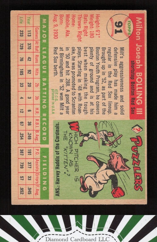 1955 Topps #91 Milt Bolling EX j, back