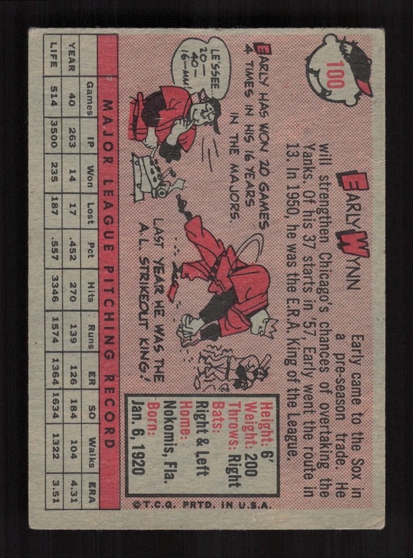 1958 Topps #100 Early Wynn White Letters VG d, back