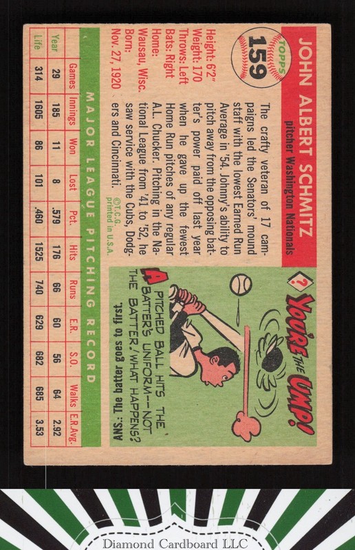 1955 Topps #159 Johnny Schmitz VGEX i, back