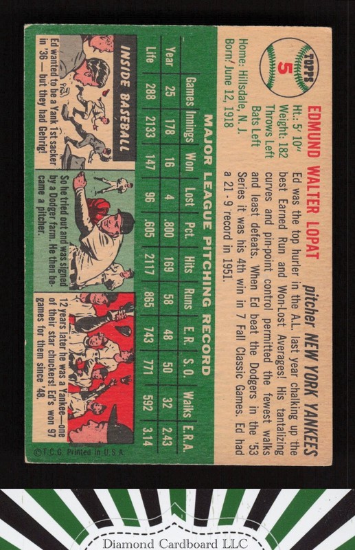1954 Topps #5 Ed Lopat VGEX m, back
