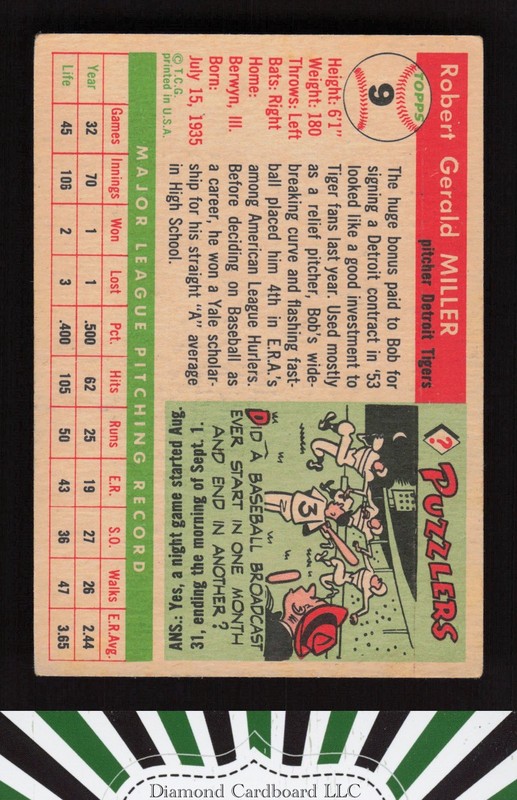 1955 Topps #9 Bob Miller VG+ [GOOD CENTERING] e, back