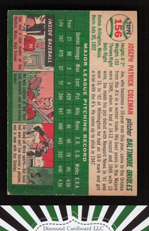 1954 Topps #156 Joe Coleman VG [CENTERED] c, back