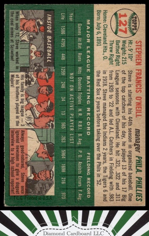 1954 Topps #127 Steve O'Neill VGEX i, back