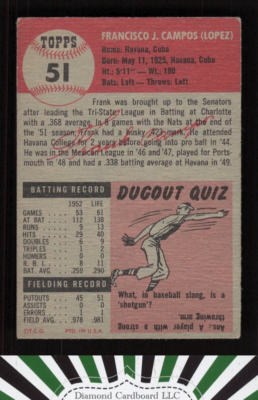 1953 Topps #51 Frank Campos VG a, back