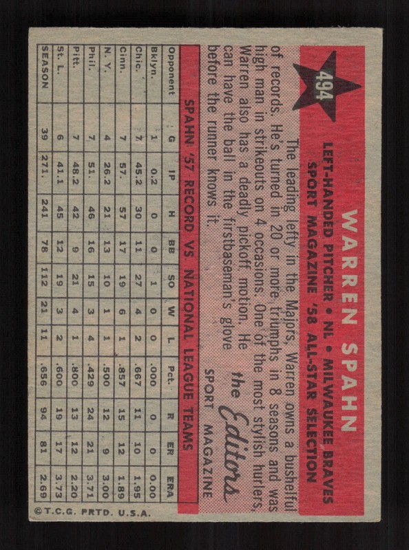 1958 Topps #494 Warren Spahn VGEX h, back