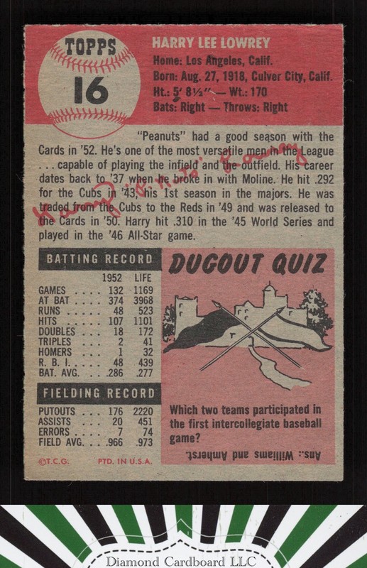 1953 Topps #16 Peanuts Lowrey EX g, back